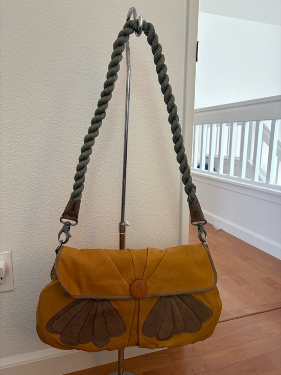 Hoss Intropia Handbags - Mustard Suede Shoulder Bag with Braided Olive Strap